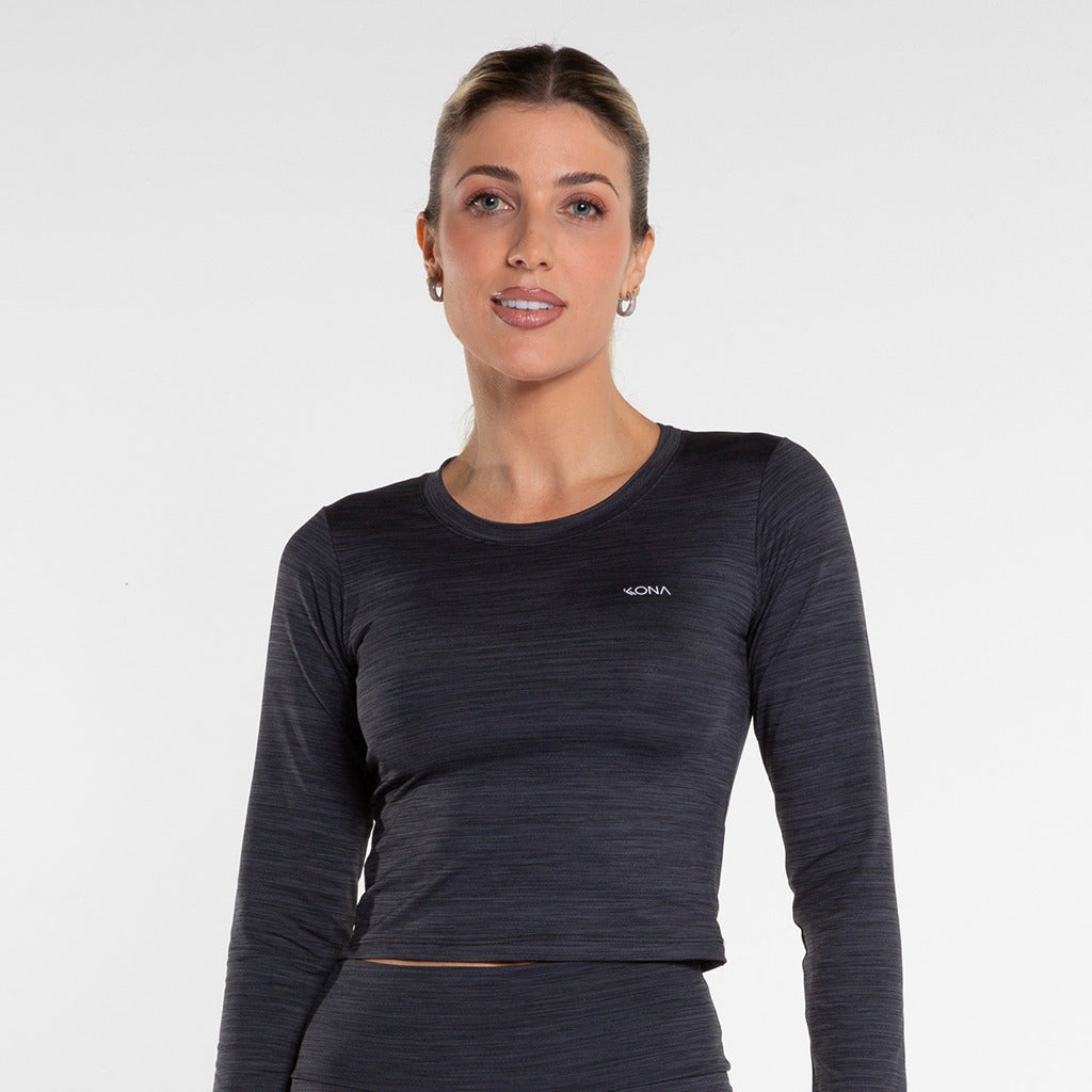 Cropped Manga Longa Fem Preto Rajado