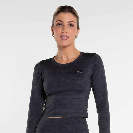 Cropped Manga Longa Fem Preto Rajado